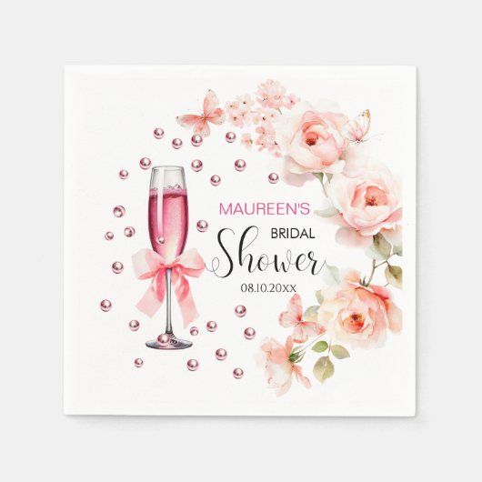 Parelmoer en Prosecco Stof Roze Rozen Bruidsdiner Servet (Voorkant)