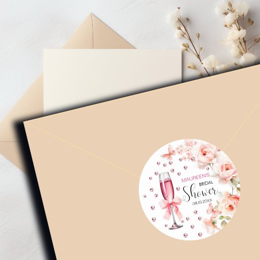 Parelmoer en Prosecco Stof Roze Rozens Bruidsontbi Ronde Sticker