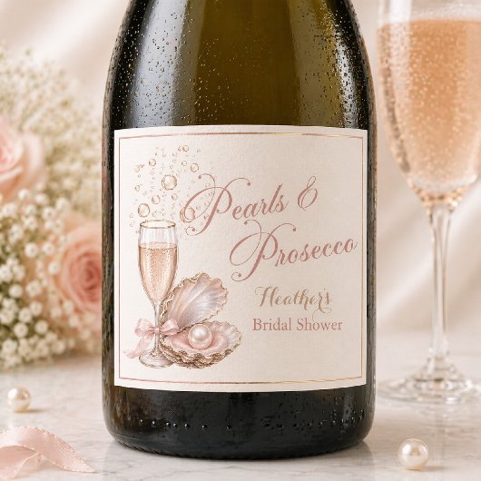 Parelmoer & Prosecco Wijnfles Etiket | Bruiloft