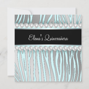 Parelmoer Teal Blauwe Zebra Quinceanera Uitnodigin Kaart