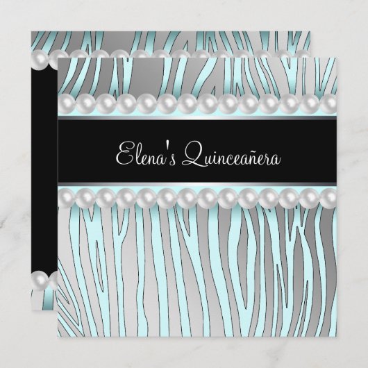 Parels Blauwgroen Blauw Zebra Quinceanera Uitnodig Kaart (Voorkant / Achterkant)