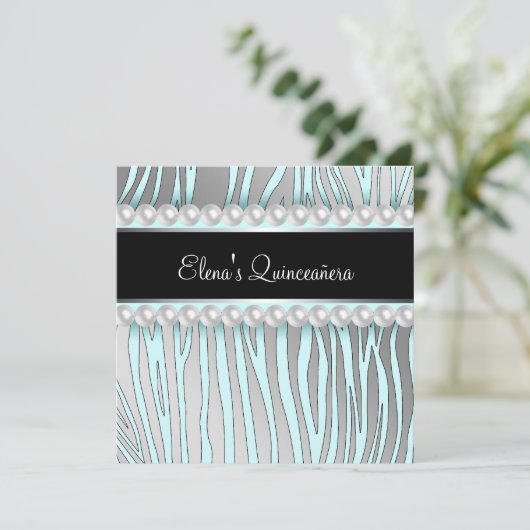 Parels Blauwgroen Blauw Zebra Quinceanera Uitnodig Kaart (Staand voorkant)