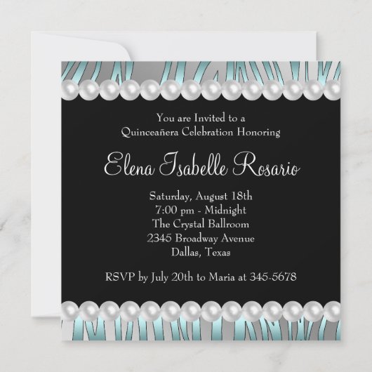 Parels Blauwgroen Blauw Zebra Quinceanera Uitnodig Kaart (Achterkant)