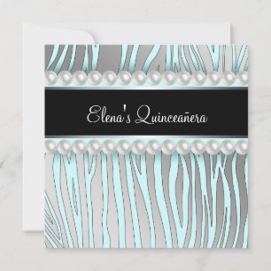Parels Blauwgroen Blauw Zebra Quinceanera Uitnodig Kaart