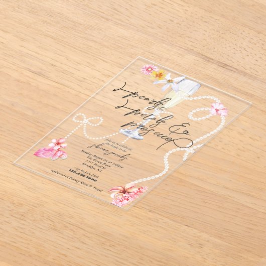 Parels, bloemblaadjes + Prosecco | Trendy Vrijgeze Acryl Uitnodigingen (Laagn)