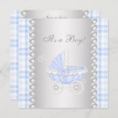 Parels Blue Gingham Carriage Baby Boy Shower Kaart (Voorkant / Achterkant)