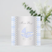 Parels Blue Gingham Carriage Baby Boy Shower Kaart (Staand voorkant)