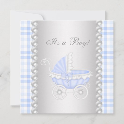 Parels Blue Gingham Carriage Baby Boy Shower Kaart (Voorkant)