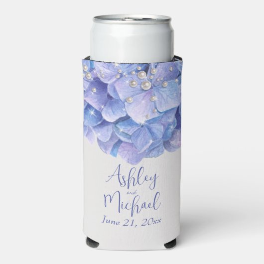Parels en Blue Hydrangea Bruiloft Gasten Cadeaus Seltzer Blikjeskoeler (Seltzer Voorkant)