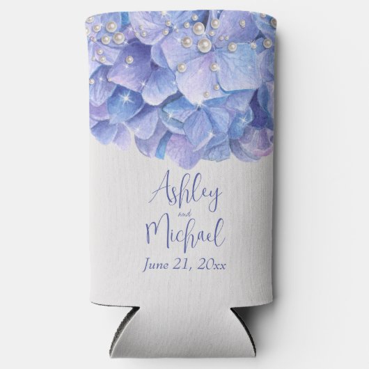 Parels en Blue Hydrangea Bruiloft Gasten Cadeaus Seltzer Blikjeskoeler (Voorkant)
