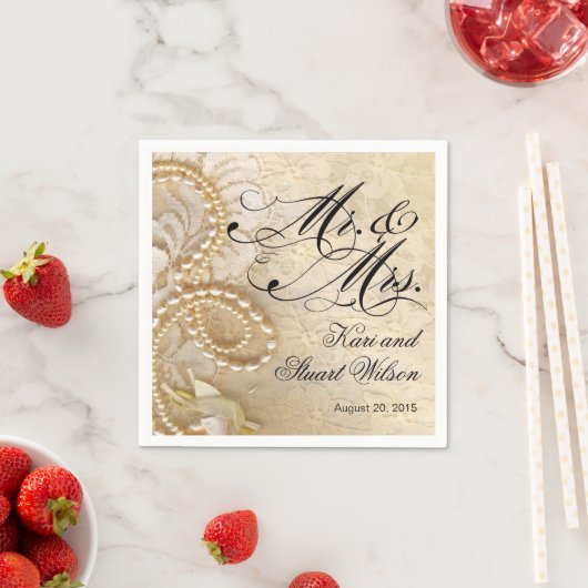 Parels en kant Mr. & Mrs. | ivoor Servetten (Insitu)
