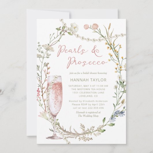 Parels en Prosecco Bloemen Vrijgezellenfeest Kaart (Voorkant)