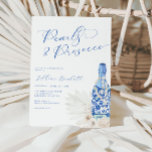 Parels en Prosecco Blue Script Vrijgezellenfeest Kaart<br><div class="desc">Vier in stijl met onze prachtige "Parels en Prosecco" bruids douche uitnodiging. Dit elegante ontwerp heeft een prachtige bloemenillustratie van een blauw bloemenproseccoflesje versierd met glanzende parels en delicate witte waterverven zoals rozen en pioenen, die de toon zetten voor een verfijnd en glamoureus evenement. De uitnodiging is prachtig geaccentueerd met...</div>