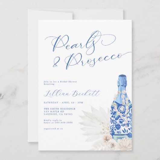 Parels en Prosecco Blue Script Vrijgezellenfeest Kaart (Voorkant)