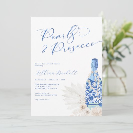 Parels en Prosecco Blue Script Vrijgezellenfeest Kaart (Staand voorkant)
