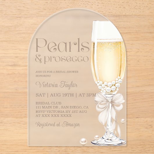 Parels en Prosecco Bow Vrijgezellenfeest Acryl Uitnodigingen (Voorkant)