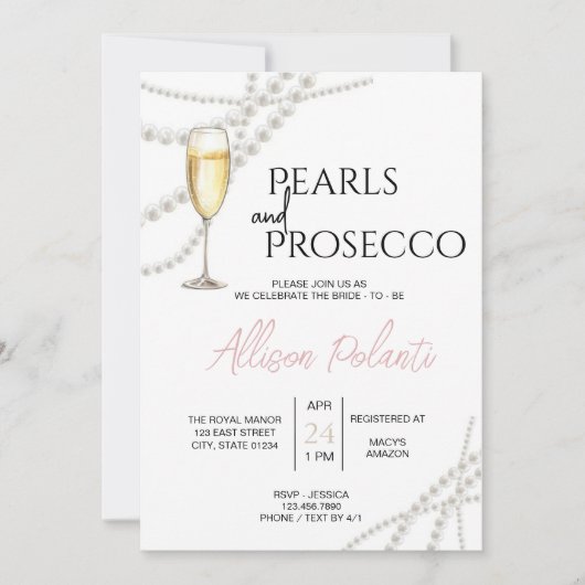 Parels en Prosecco Bridal Shower Uitnodiging (Voorkant)