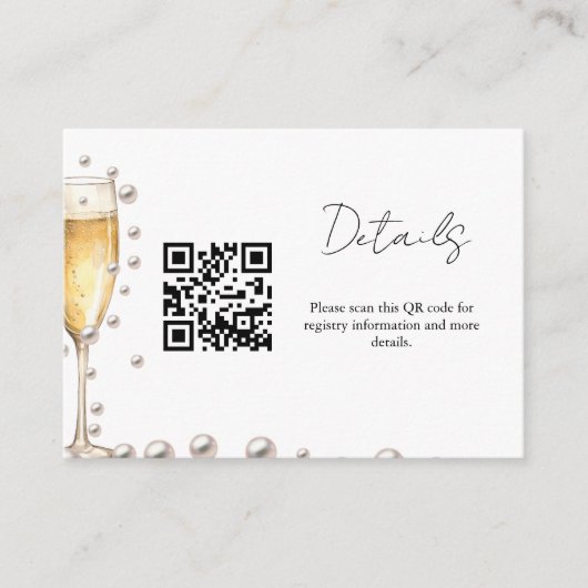 Parels en Prosecco bruidsfeest registratie Details Informatiekaartje (Voorkant)