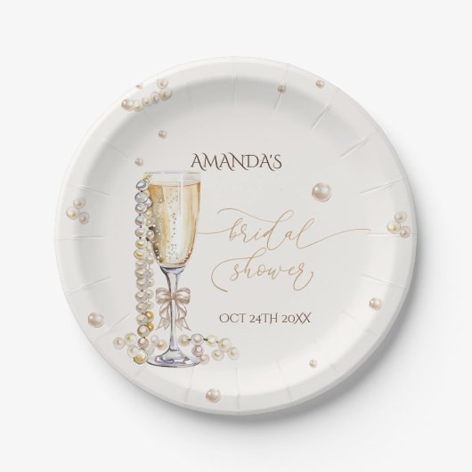 Parels en Prosecco Elegant Bow Vrijgezellenfeest Papieren Bordje (Voorkant)