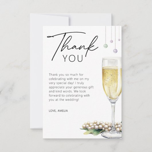 Parels en Prosecco Elegant Minimal Vrijgezellenfee Bedankkaart (Voorkant)