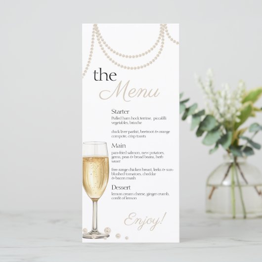 Parels en Prosecco elegante bruids brunch Douche Menu (Staand voorkant)