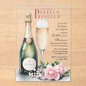 Parels en Prosecco Floral Elegant Vrijgezellenfees Acryl Uitnodigingen (Voorkant)