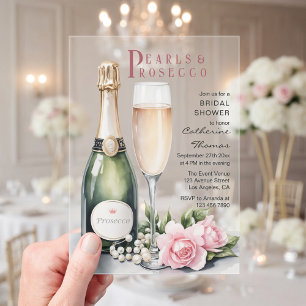 Parels en Prosecco Floral Elegant Vrijgezellenfees Acryl Uitnodigingen