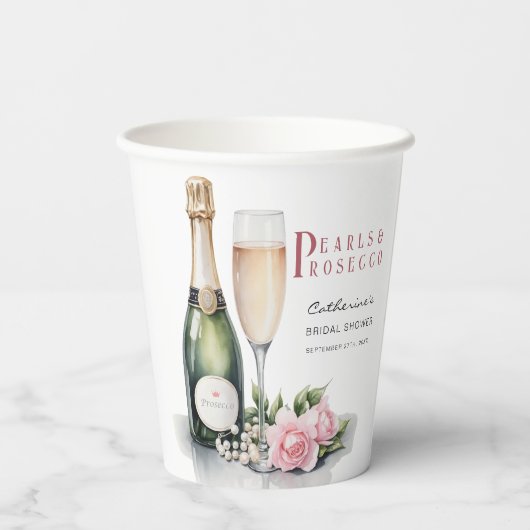 Parels en Prosecco Floral Elegant Vrijgezellenfees Papieren Bekers (Achterkant)