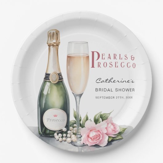 Parels en Prosecco Floral Elegant Vrijgezellenfees Papieren Bordje (Voorkant)