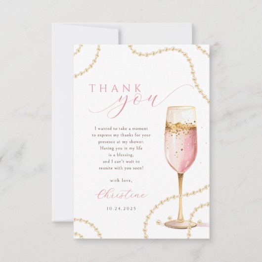Parels en Prosecco Roze Goud Vrijgezellenfeest Bedankkaart (Voorkant)