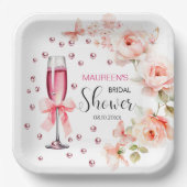 Parels en Prosecco Stof Roze Rozen Bruidsdiner Papieren Bordje (Voorkant)