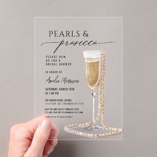 Parels en Prosecco Vrijgezellenfeest Champagne Acryl Uitnodigingen (Insitu (Draagbaar))
