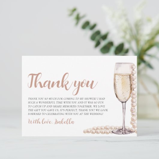 Parels en Prosecco Vrijgezellenfeest Dank u Kaart (Staand voorkant)