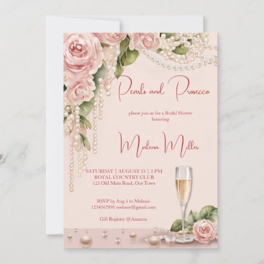 Parels en prosecco vrijgezellenfeest elegant roze kaart (Voorkant)