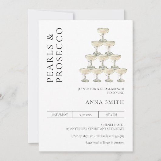 Parels en Prosecco Vrijgezellenfeest Modern Minima Kaart (Voorkant)