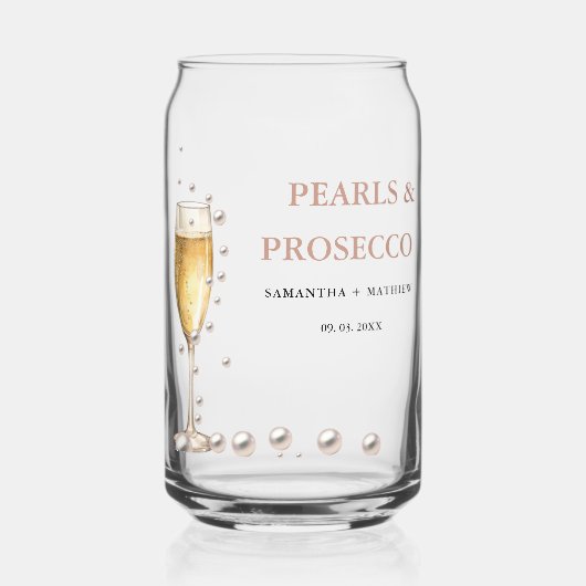 Parels en Prosecco Vrijgezellenfeest Party Blikvorm Glas (Voorkant)