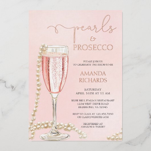 Parels en Prosecco Vrijgezellenfeest Roos Gold Folie Uitnodiging (Voorkant)