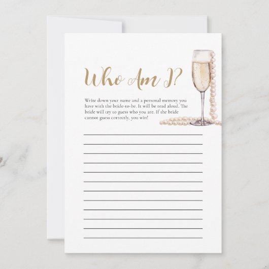 Parels en Prosecco Wie ben ik Vrijgezellenfeest sp Kaart (Voorkant)