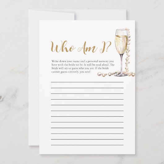 Parels en Prosecco Wie ben ik Vrijgezellenfeest sp Kaart (Voorkant)