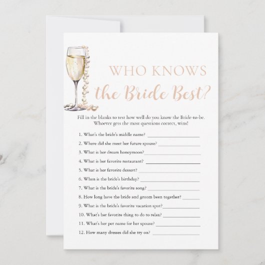 Parels en Prosecco Wie kent de bruid Beste spel Kaart (Voorkant)