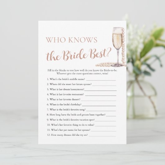 Parels en Prosecco Wie kent de bruid Beste spel Kaart (Staand voorkant)