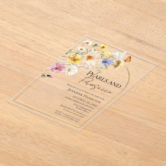 Parels en Prosecco Wildflower Boho Vrijgezellenfee Acryl Uitnodigingen (Laagn)