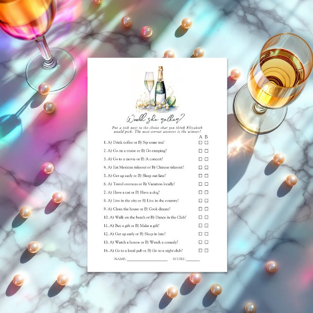 Parels en Prosecco Zou ze liever? bruidsspel (Pearls and Prosecco Would She Rather? Bridal Shower Game)