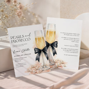 Parels en Prosecco Zwarte Strik Bruidsdiner Uitnod Kaart