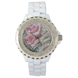  parels en roze rozenpatroon horloge
