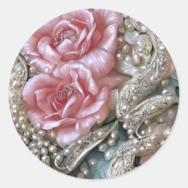  parels en roze rozenpatroon ronde sticker