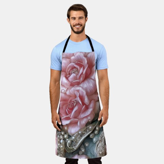  parels en roze rozenpatroon schort (Gedragen)