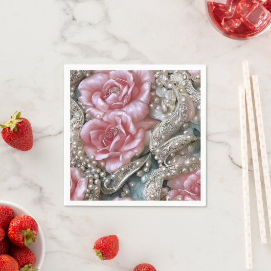  parels en roze rozenpatroon servet (Insitu)