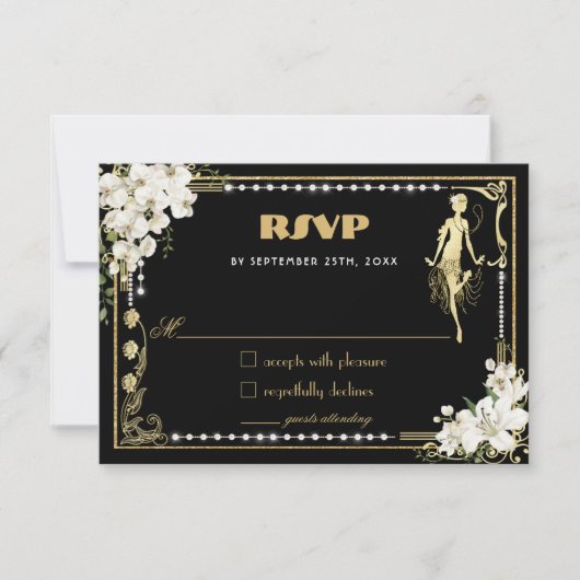 Parels Floral Art Deco Gatsby Roaring Twenties RSVP Kaartje (Voorkant)