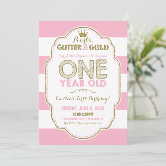 Parels Glitter en Goud Eerste Verjaardag Uitnodigi Kaart (Staand voorkant)